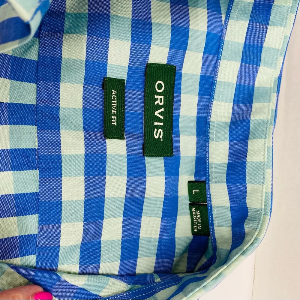 Orvis Short Sleeve Button Down Blue Green Plaid Size L Active Fit Pocket Casual - Picture 12 of 12